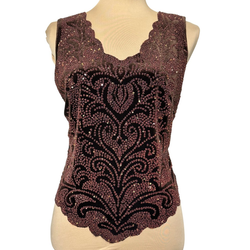 MSK Velvet Tank Top M Brown Sequin Beaded Damask Scalloped V-Neck Vintage